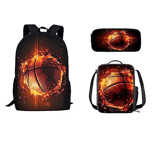 STUOARTE Rucksack und Lunchtasche mit Feuer-Basketball-Aufdruck, für Jungen und Mädchen, leicht, Mittelschule, Büchertasche, lässiger Tagesrucksack mit Federmäppchen, 3-teilig von STUOARTE