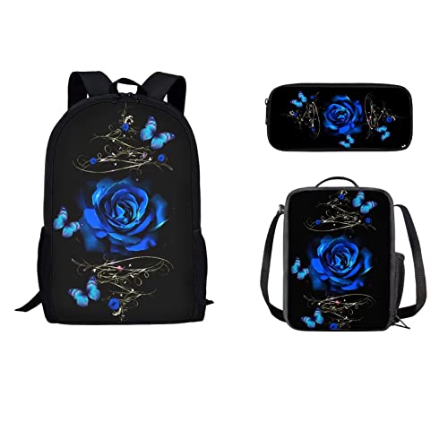 STUOARTE Schmetterling Rose Rucksack Set Kinder Rucksack für Schule Jungen Mädchen Leichte Vorschule Büchertasche mit Lunchbox Federmäppchen Set Elementary Kindergarten Schultasche von STUOARTE