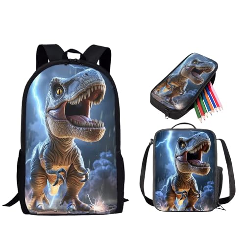 STUOARTE Schulranzen für Kinder, 3-teiliges Rucksack-Set für Jungen und Mädchen, leichtes Büchertaschen-Set mit Lunchtasche und Federmäppchen, 3D-Dinosaurier, Blau, Einheitsgröße, Reiserucksäcke von STUOARTE