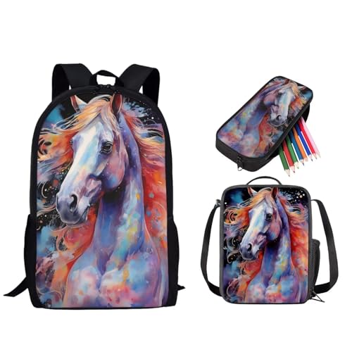 STUOARTE Schulranzen für Kinder, 3-teiliges Rucksack-Set für Jungen und Mädchen, leichtes Büchertaschen-Set mit Lunchtasche und Federmäppchen, Aquarell-Pferd, mehrfarbig, Einheitsgröße, Reiserucksäcke von STUOARTE