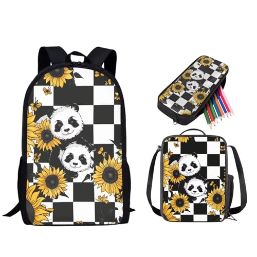 STUOARTE Schulranzen für Kinder, 3-teiliges Rucksack-Set für Jungen und Mädchen, leichtes Büchertaschen-Set mit Lunchtasche und Federmäppchen, Panda Sonnenblume - Weiß und Schwarz, Einheitsgröße, von STUOARTE