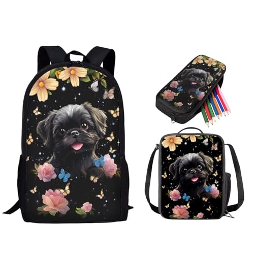 STUOARTE Schulranzen für Kinder, 3-teiliges Rucksack-Set für Jungen und Mädchen, leichtes Büchertaschen-Set mit Lunchtasche und Federmäppchen, Shih Tzu Blumenschmetterling, Schwarz, Einheitsgröße, von STUOARTE