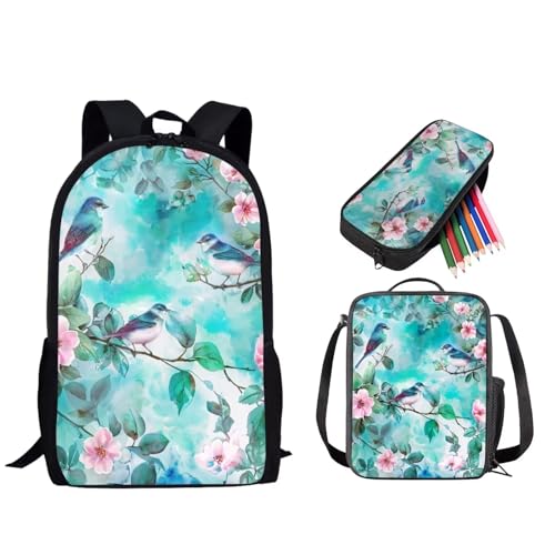 STUOARTE Schulranzen für Kinder, 3-teiliges Rucksack-Set für Jungen und Mädchen, leichtes Büchertaschen-Set mit Lunchtasche und Federmäppchen, Vogelblume – Grün und Rosa, Einheitsgröße, Reiserucksäcke von STUOARTE