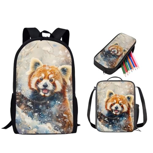 STUOARTE Schulranzen für Kinder, 3-teiliges Rucksack-Set für Jungen und Mädchen, leichtes Büchertaschen-Set mit Lunchtasche und Federmäppchen, Waschbär, mehrfarbig, Einheitsgröße, Tagesrucksäcke von STUOARTE