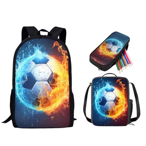 STUOARTE Schulranzen für Kinder, 3-teiliges Rucksack-Set für Jungen und Mädchen, leichtes Büchertaschen-Set mit Lunchtasche und Federmäppchen, Wasserfeuer-Fußball, Blau und Orange, Einheitsgröße, von STUOARTE