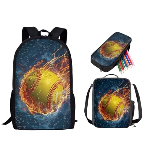 STUOARTE Schulranzen für Kinder, 3-teiliges Rucksack-Set für Jungen und Mädchen, leichtes Büchertaschen-Set mit Lunchtasche und Federmäppchen, Water Fire Softball, Blau und Gelb, Einheitsgröße, von STUOARTE