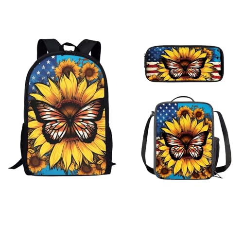 STUOARTE Schulrucksack-Set, 3-teiliges Büchertaschen-Set für Schüler mit Lunchtasche, Federmäppchen, Schultasche für Kinder, Jungen, Mädchen, Amerikanische Flagge mit Schmetterlings-Sonnenblumen, Gelb von STUOARTE