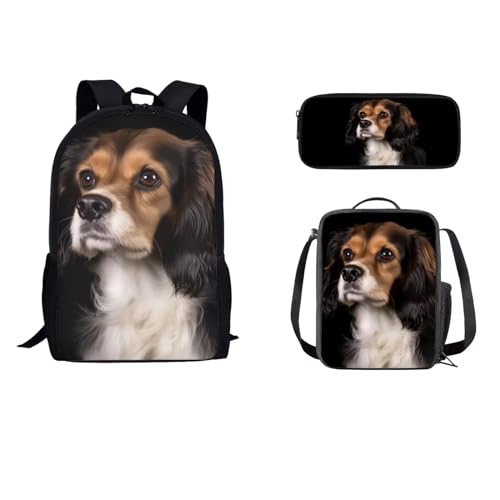 STUOARTE Schulrucksack-Set, 3-teiliges Büchertaschen-Set für Schüler mit Lunchtasche, Federmäppchen, Schultasche für Kinder, Jungen, Mädchen, King Charles Hound, Braun und Schwarz, Einheitsgröße, von STUOARTE