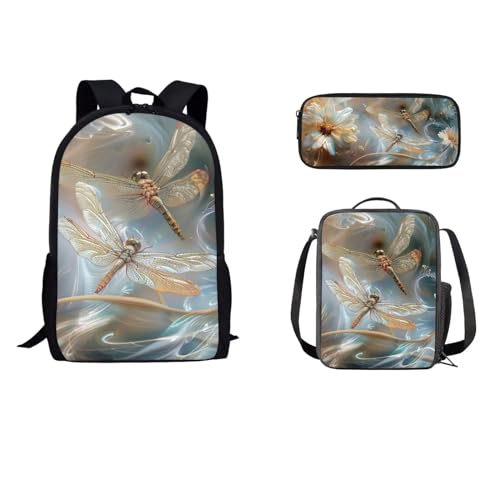 STUOARTE Schulrucksack-Set, 3-teiliges Büchertaschen-Set für Schüler mit Lunchtasche, Federmäppchen, Schultasche für Kinder, Jungen, Mädchen, Libelle - Champagner, Einheitsgröße von STUOARTE