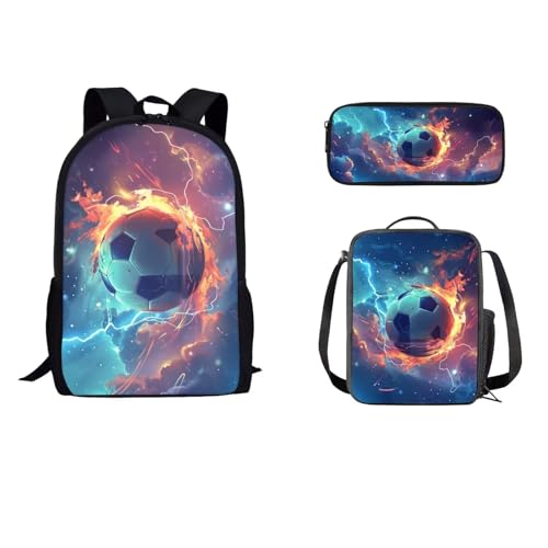 STUOARTE Schulrucksack-Set, 3-teiliges Büchertaschen-Set für Schüler mit Lunchtasche, Federmäppchen, Schultasche für Kinder, Jungen, Mädchen, Lightning Fire Fußball, Blau und Orange, Einheitsgröße, von STUOARTE