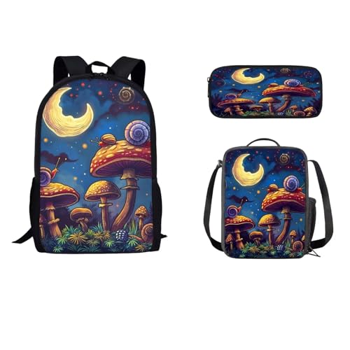 STUOARTE Schulrucksack-Set, 3-teiliges Büchertaschen-Set für Schüler mit Lunchtasche, Federmäppchen, Schultasche für Kinder, Jungen, Mädchen, Mushroom Moon – mehrfarbig, Einheitsgröße, Rucksack, von STUOARTE