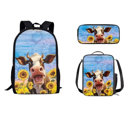 STUOARTE Schulrucksack-Set, 3-teiliges Büchertaschen-Set für Schüler mit Lunchtasche, Federmäppchen, Schultasche für Kinder, Jungen, Mädchen, Sonnenblume für Rinder, Blau und Gelb, Einheitsgröße, von STUOARTE