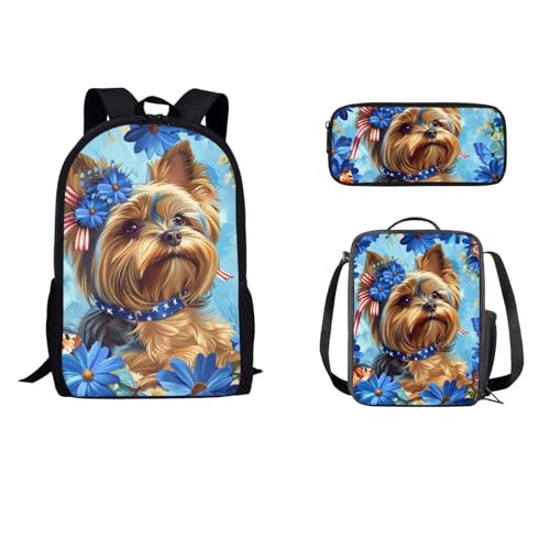 STUOARTE Schulrucksack-Set, 3-teiliges Büchertaschen-Set für Schüler mit Lunchtasche, Federmäppchen, Schultasche für Kinder, Jungen, Mädchen, Yorkshire Terrier Blume, Braun und Blau, Einheitsgröße, von STUOARTE