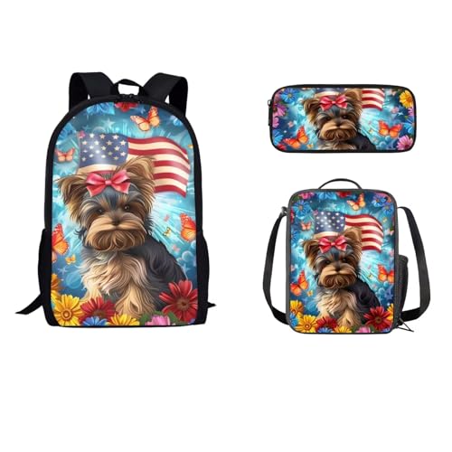 STUOARTE Schulrucksack-Set, 3-teiliges Büchertaschen-Set für Schüler mit Lunchtasche, Federmäppchen, Schultasche für Kinder, Jungen, Mädchen, Yorkshire Terrier Schmetterling Amerikanische Flagge, von STUOARTE