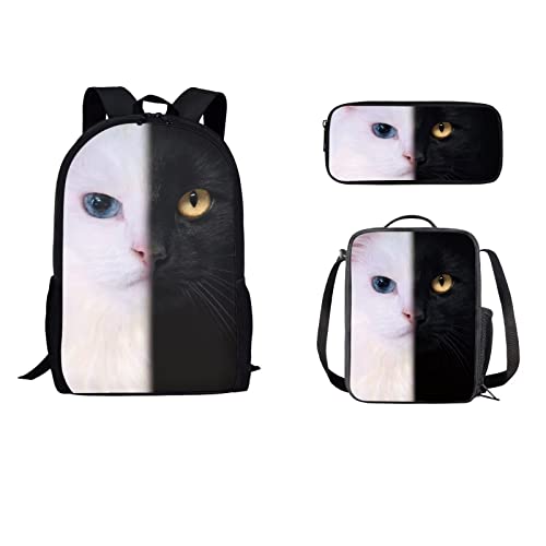 STUOARTE Schulrucksack-Set mit Cartoon-Katzen-Aufdruck, für Jungen und Mädchen, niedlicher Kätzchen-Druck, leicht, Kinderschule, Büchertasche mit Lunch-Tasche und Federmäppchen, 3-in-1 von STUOARTE