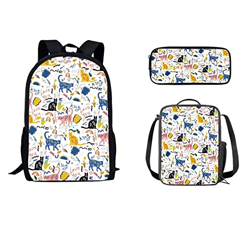 STUOARTE Schulrucksack-Set mit Cartoon-Katzen-Aufdruck, für Teenager, Jungen, Schulbüchertasche mit Lunchbox, leichter Schulranzen, Reise, Tagesrucksack mit Lunchtasche und Federmäppchen von STUOARTE