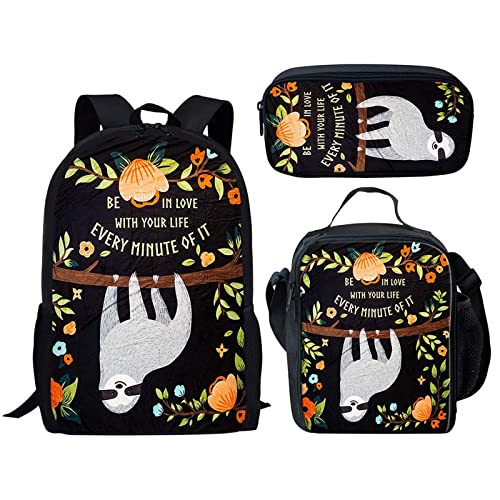 STUOARTE Schulrucksäcke Mädchen Jungen Blumen Faultier Druck Rucksack mit Lunchtasche und Federmäppchen Leicht Schüler Büchertasche Kinder 3 in 1 Büchertaschen Schultasche Set, Schwarz von STUOARTE