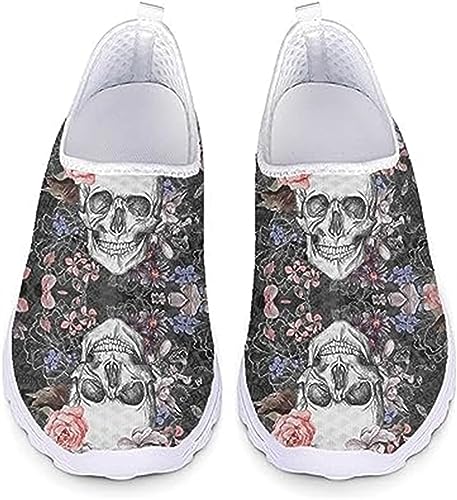 STUOARTE Sport-Sneaker für Damen, atmungsaktiv, leicht, Netz-Schuhe, rutschfest, weich, flach, für Walking, Laufen, Fitnessstudio, Schuhe für Erwachsene und Damen, Skull Flowers Grey, 43.5 EU von STUOARTE