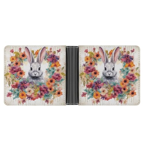STVNKML Aquarell-Geldbörse mit Hasen- und Blumenmuster, Leder, 2 versteckte Taschen, 6 Kartenfächer, schlanke Brieftaschen für Bargeld, Karten und Ausweise, Aquarell Kaninchen und Blumen von STVNKML