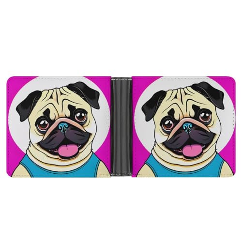 STVNKML Faltbare Geldbörse aus Leder mit 2 versteckten Taschen, 6 Kartenfächern, schmale Brieftaschen für Bargeld, Karten und Ausweise, Lustiger Mops-Welpe mit Cartoon-Motiv, Einheitsgröße, Modern von STVNKML