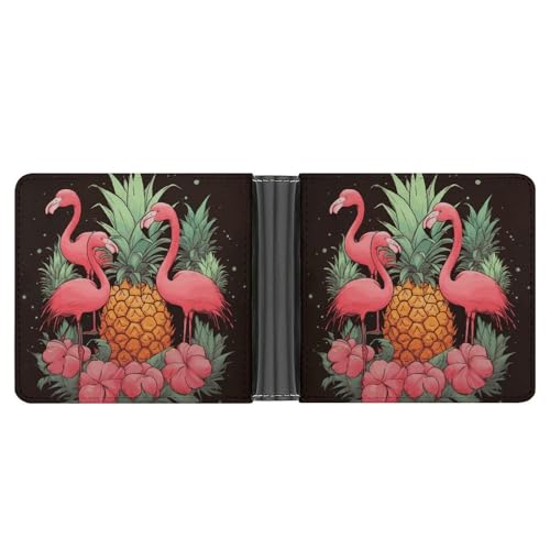 STVNKML Faltbare Geldbörse aus Leder mit Segelboot und Sonnenuntergang, mit 2 versteckten Taschen, 6 Kartenfächern, schlanke Brieftaschen für Bargeld, Karten und Ausweise, Ananas-Flamingos von STVNKML