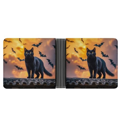 STVNKML Französische Bulldogge Geldbörse aus Leder mit 2 versteckten Taschen, 6 Kartenfächern, schlanke Brieftaschen für Bargeld, Karten und Ausweise, The Black Cat is pacing on the roof von STVNKML