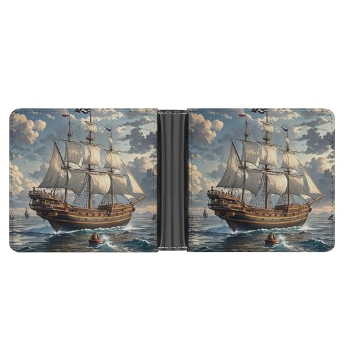 STVNKML Patriotic Stars Strips Independence Day Geldbörse aus Leder mit 2 versteckten Taschen, 6 Kartenfächern, schlanke Brieftaschen für Bargeld, Karten und Ausweise, Nautisches Segelpiratenschiff von STVNKML