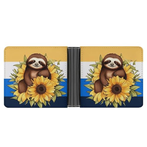 STVNKML Schwarz-rote Geldbörse aus Marmorleder mit 2 versteckten Taschen, 6 Kartenfächern, schlanke Brieftaschen für Bargeld, Karten und Ausweise, Cartoon-Faultier sitzt auf Sonnenblume, Einheitsgröße von STVNKML