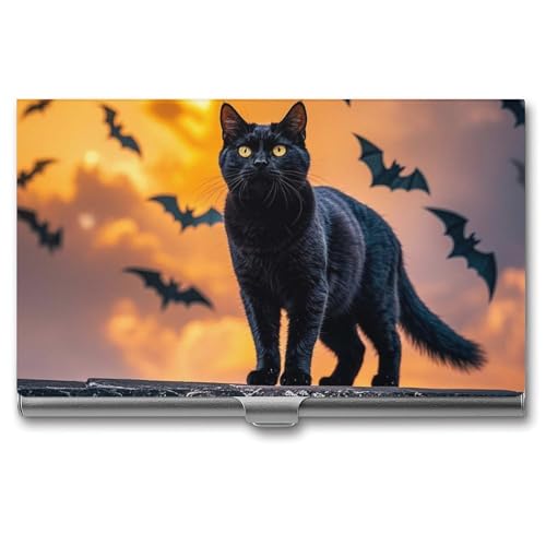 STVNKML Visitenkartenetui mit Aufschrift "The Black Cat Is Pacing On The Root", Aluminiumlegierung, Visitenkartenhalter, Kreditkartenetui für Damen und Herren, Einheitsgröße, Stil:, Einheitsgröße von STVNKML