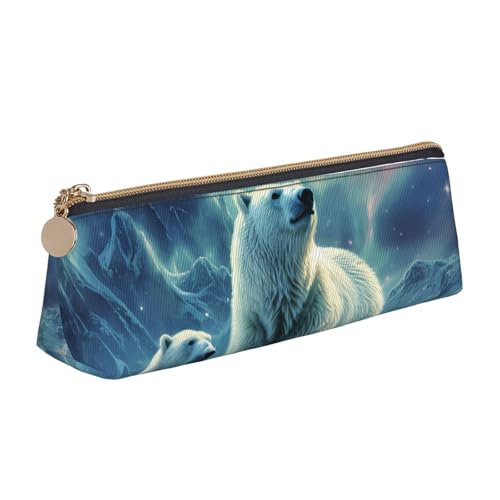 STVYUKL Eisbären-Federmäppchen mit Nordlichtern, stilvolles Federmäppchen, schlankes Federmäppchen mit Reißverschluss, Kosmetiktasche aus Leder für Arbeit, Büro von STVYUKL