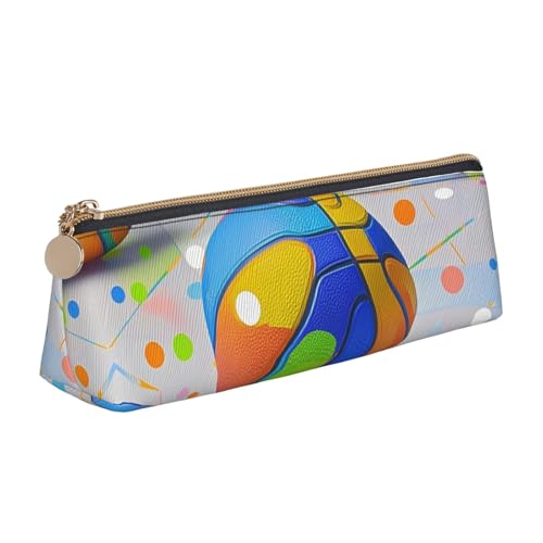 STVYUKL Federmäppchen, Motiv: Kranichvögel, Wildpflanzen, stilvolles Federmäppchen, schlankes Federmäppchen mit Reißverschluss, Kosmetiktasche aus Leder für Arbeit, Büro, Bunter Basketball von STVYUKL