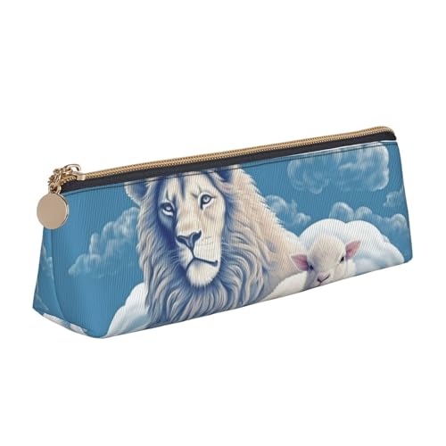 STVYUKL Federmäppchen mit Lamm und Löwe, stilvolles Federmäppchen, schlankes Federmäppchen mit Reißverschluss, Kosmetiktasche aus Leder für Arbeit, Büro von STVYUKL