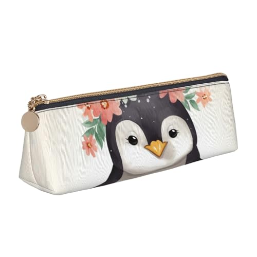 STVYUKL Federmäppchen mit Pinguin mit Blumen, stilvolles Federmäppchen mit Reißverschluss, Kosmetiktasche aus Leder für Arbeit, Büro von STVYUKL