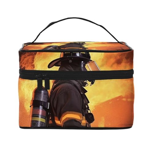STVYUKL Feuerwehrmann Feuerwehrmann Flamme Make-up-Tasche für Damen, wasserdicht, tragbar, Reise-Kosmetiktasche, großes Fassungsvermögen, Kulturbeutel mit Tragegriff oben, Reißverschluss von STVYUKL