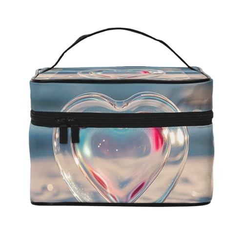 STVYUKL Make-up-Tasche aus Glas in Herzform für Damen, wasserdicht, tragbar, Reise-Kosmetiktasche, großes Fassungsvermögen, Kulturbeutel mit Tragegriff oben, Reißverschluss von STVYUKL