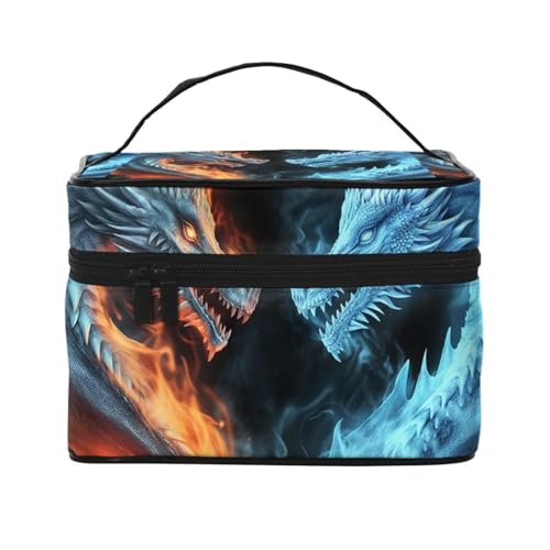 STVYUKL Make-up-Tasche für Damen, Motiv: Eis- und Feuerdrachen, wasserdicht, tragbar, Reise-Kosmetiktasche, großes Fassungsvermögen, Kulturbeutel mit Tragegriff oben, mit Reißverschluss von STVYUKL