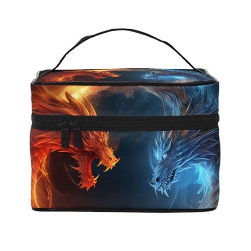 STVYUKL Make-up-Tasche für Damen, Motiv: Feuer und Eisdrachen, wasserdicht, tragbar, Reise-Kosmetiktasche, großes Fassungsvermögen, Kulturbeutel, Tragegriff oben, Reißverschluss, Make-up-Organizer von STVYUKL
