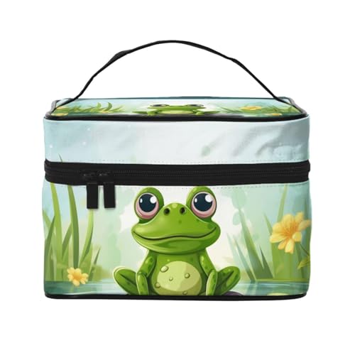 STVYUKL Make-up-Tasche für Damen, Motiv: Frosch auf einem Teich, wasserdicht, tragbar, Reise-Kosmetiktasche, großes Fassungsvermögen, Kulturbeutel mit Tragegriff oben, mit Reißverschluss von STVYUKL