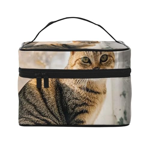 STVYUKL Make-up-Tasche für Damen, Motiv: Katze auf der Fensterbank, wasserdicht, tragbar, Reise-Kosmetiktasche, großes Fassungsvermögen, Kulturbeutel mit Tragegriff oben, mit Reißverschluss von STVYUKL