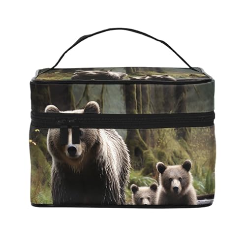 STVYUKL Make-up-Tasche für Damen, Motiv: Mutter Bär und ihre Jungen, wasserdicht, tragbar, Reise-Kosmetiktasche, großes Fassungsvermögen, Kulturbeutel mit Tragegriff oben, mit Reißverschluss von STVYUKL