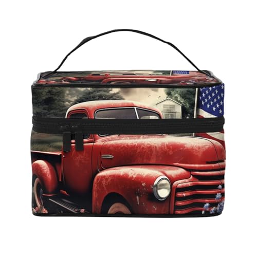 STVYUKL Make-up-Tasche für Damen, Motiv: Patriotischer alter roter LKW, wasserdicht, tragbar, Reise-Kosmetiktasche, großes Fassungsvermögen, Kulturbeutel mit Tragegriff oben, Reißverschluss von STVYUKL