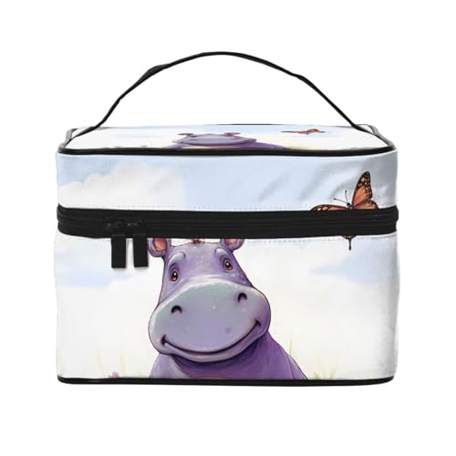 STVYUKL Make-up-Tasche für Damen, Motiv: Schmetterling und Nilpferd, wasserdicht, tragbar, Reise-Kosmetiktasche, großes Fassungsvermögen, Kulturbeutel mit Tragegriff oben, Reißverschluss von STVYUKL