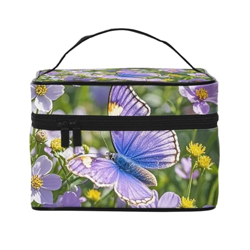 STVYUKL Make-up-Tasche für Damen, Motiv: lila Schmetterlinge und Blumen, wasserdicht, tragbar, Reise-Kosmetiktasche, großes Fassungsvermögen, Kulturbeutel mit Tragegriff oben, Reißverschluss von STVYUKL