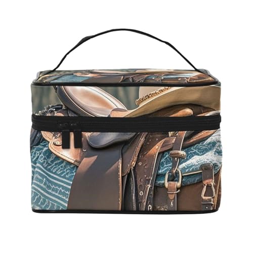 STVYUKL Make-up-Tasche für Damen, Pferde-Sattel mit Cowboyhut, wasserdicht, tragbar, Reise-Kosmetiktasche, großes Fassungsvermögen, Kulturbeutel, Tragegriff oben, Reißverschluss, Make-up-Organizer von STVYUKL