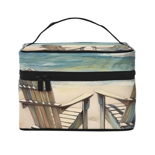 STVYUKL Make-up-Tasche für Damen, Strandszene mit Stühlen, wasserdicht, tragbar, Reise-Kosmetiktasche, großes Fassungsvermögen, Kulturbeutel mit Tragegriff oben, Make-up-Organizer von STVYUKL