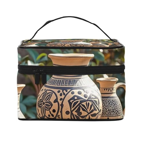 STVYUKL Make-up-Tasche für Damen, ethnische Töpferei, wasserdicht, tragbar, Reise-Kosmetiktasche, großes Fassungsvermögen, Kulturbeutel, Tragegriff oben, Reißverschluss, Make-up-Organizer von STVYUKL