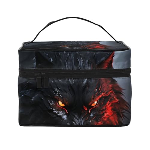 STVYUKL Make-up-Tasche für Damen, großer schwarzer Wolf mit roten Augen, wasserdicht, tragbar, Reise-Kosmetiktasche, großes Fassungsvermögen, Kulturbeutel mit Tragegriff oben, Reißverschluss von STVYUKL