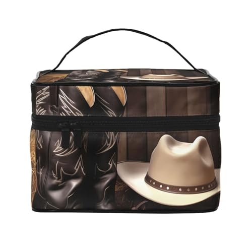 STVYUKL Make-up-Tasche mit Cowboy-Hut und Westernstiefeln, wasserdicht, tragbar, Reise-Kosmetiktasche, großes Fassungsvermögen, Kulturbeutel mit Tragegriff oben, Reißverschluss, Make-up-Organizer von STVYUKL