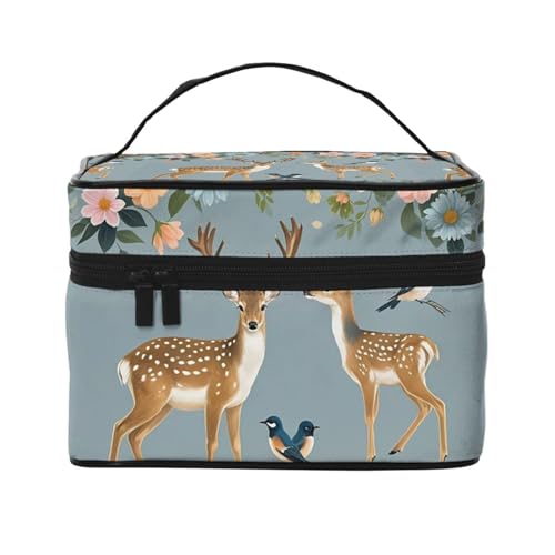 STVYUKL Make-up-Tasche mit Hirschvögeln mit Blumen, wasserdicht, tragbar, Reise-Kosmetiktasche, großes Fassungsvermögen, Kulturbeutel, Tragegriff oben, Reißverschluss, Make-up-Organizer von STVYUKL