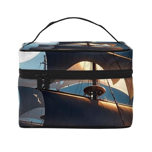STVYUKL Make-up-Tasche mit Piraten-Segelboot-Vollmond-Make-up-Tasche für Damen, wasserdicht, tragbar, Reise-Kosmetiktasche, große Kapazität, Kulturbeutel mit Tragegriff oben, mit Reißverschluss von STVYUKL